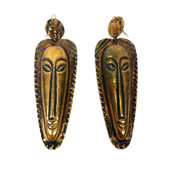 VTG African Tribal Statue Mask Gold Copper Dangle Drop Earrings Portrait Mask - Picture 1 of 8